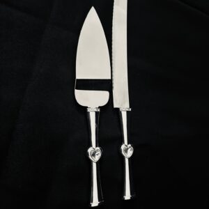 CAKE005 Cake Knife and Server - Silver with Crystal Hearts