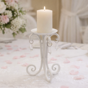 Candle Holder - White Pillar with Crystals