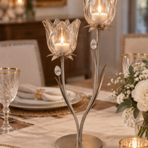 Metal and Glass Flower Candle Holder - Pink Tulip 2 cup Brass - 40cm high