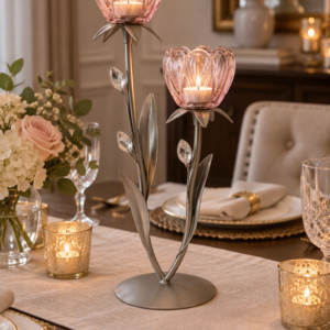 Metal and Glass Flower Candle Holder - Pink 37cm
