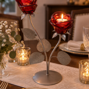 Metal and Glass Flower Candle Holder - Red 2 cup - 34cm high