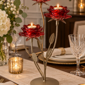 Metal and Glass Flower Candle Holder - Red 3 cup Brass - 42cm high