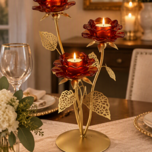 Metal and Glass Flower Candle Holder - Orange 3 cup Gold - 38cm high