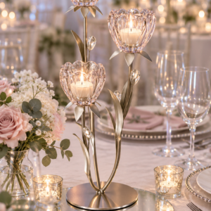 Metal and Glass Flower Candle Holder - Pink 3 cup - 45cm high