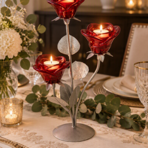 Metal and Glass Flower Candle Holder - Red 3 cup Silver - 42cm high